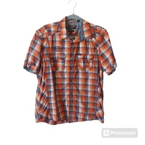 *Y2K Point Zero Orange White Blue Plaid Casual Button Down Shirt Size Medium